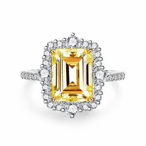 Emerald Cut Yellow Diamond Halo Ring Radiant Center S925 Silver Cocktail Ring